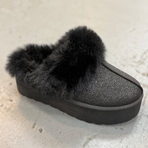 PLATFORM SPARKLY BLACK FUR SLIPPERS